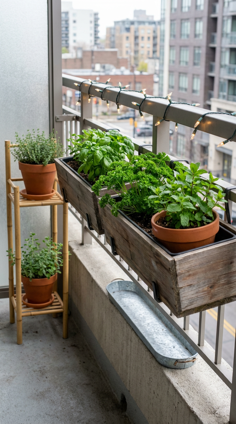 Herb gardening: Planters on balcony rail