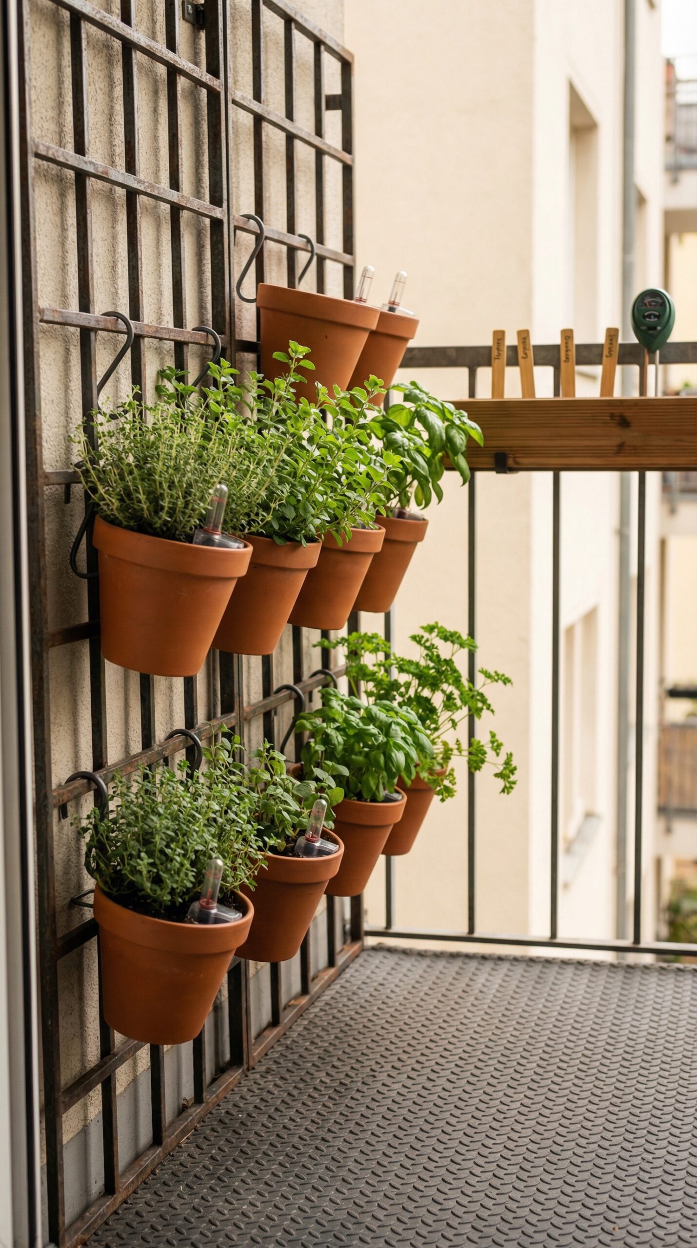 Vertical herb gardening: Trellis grid and pots