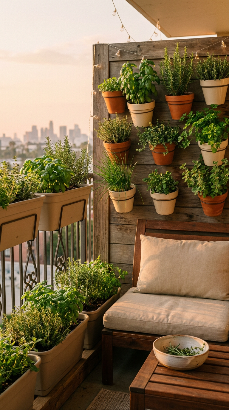 vertical herb garden on a balcony
