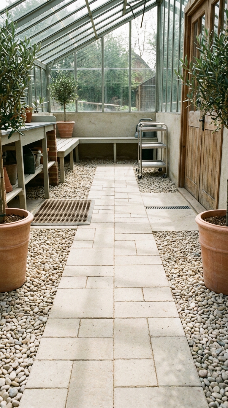 Greenhouse interior ideas: Gravel + paver