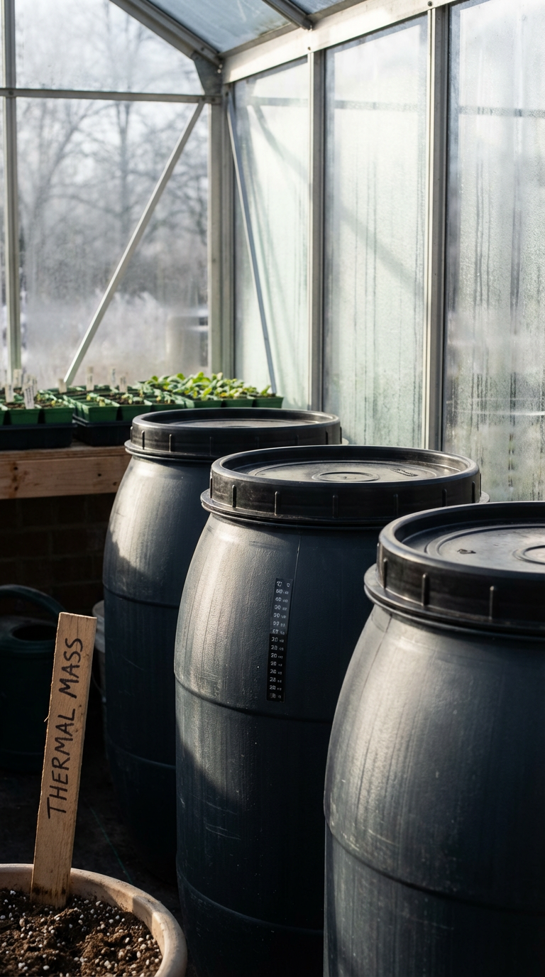 Heating a greenhouse in winter: thermal mass