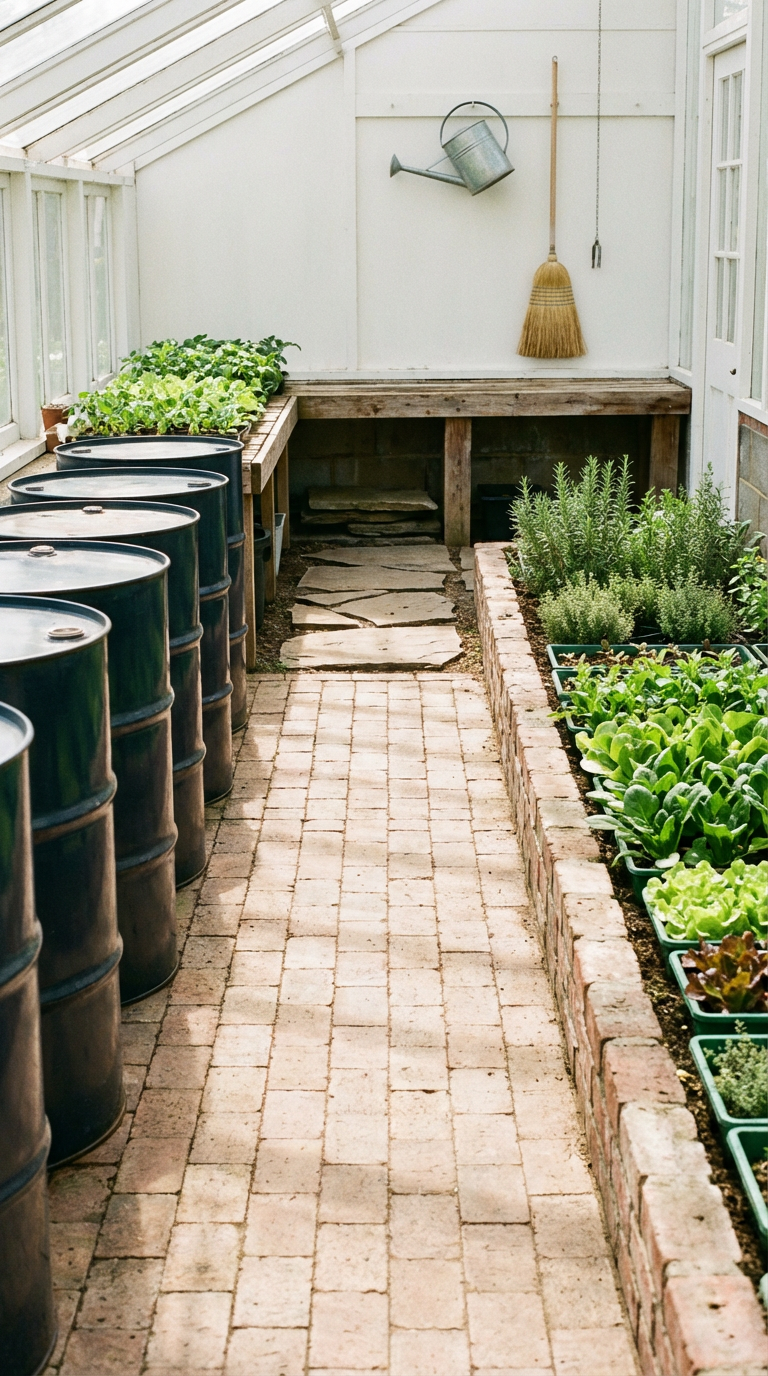 Heating a greenhouse in winter: Barrels with stone, brick, or pavers