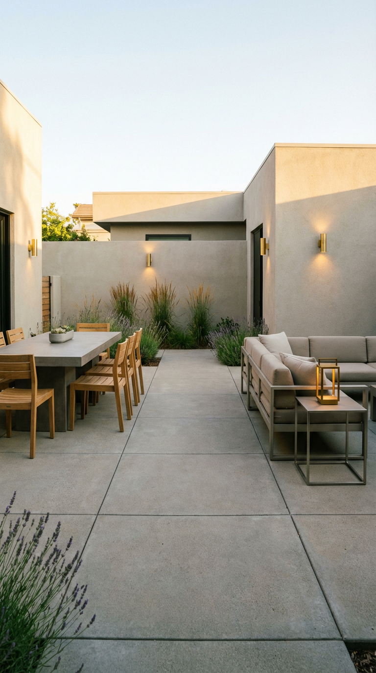 Modern courtyard garden: outdoor lounge plus dining
