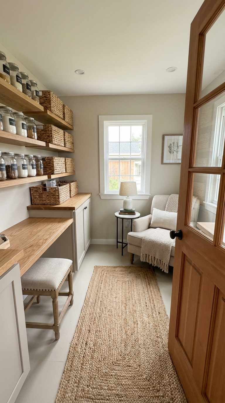 She shed arranged in two zones, left wall a compact work surface with a stool, right side a cozy chair and side table