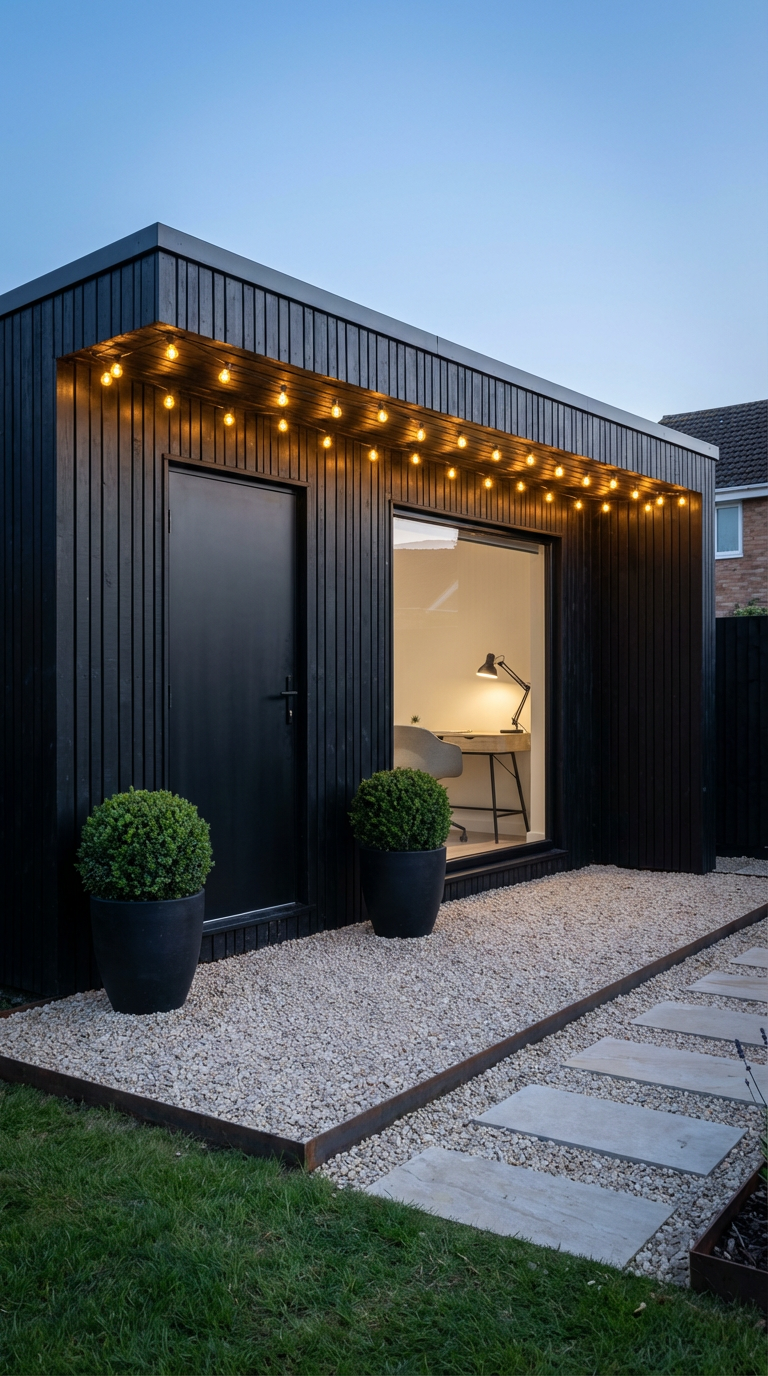 a modern black garden studio she shed with vertical cladding