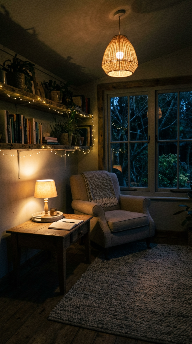 She shed lit in layers, a ceiling pendant provides general light, a table lamp casts a warm light on side table, and micro string lights outline a shelf edge