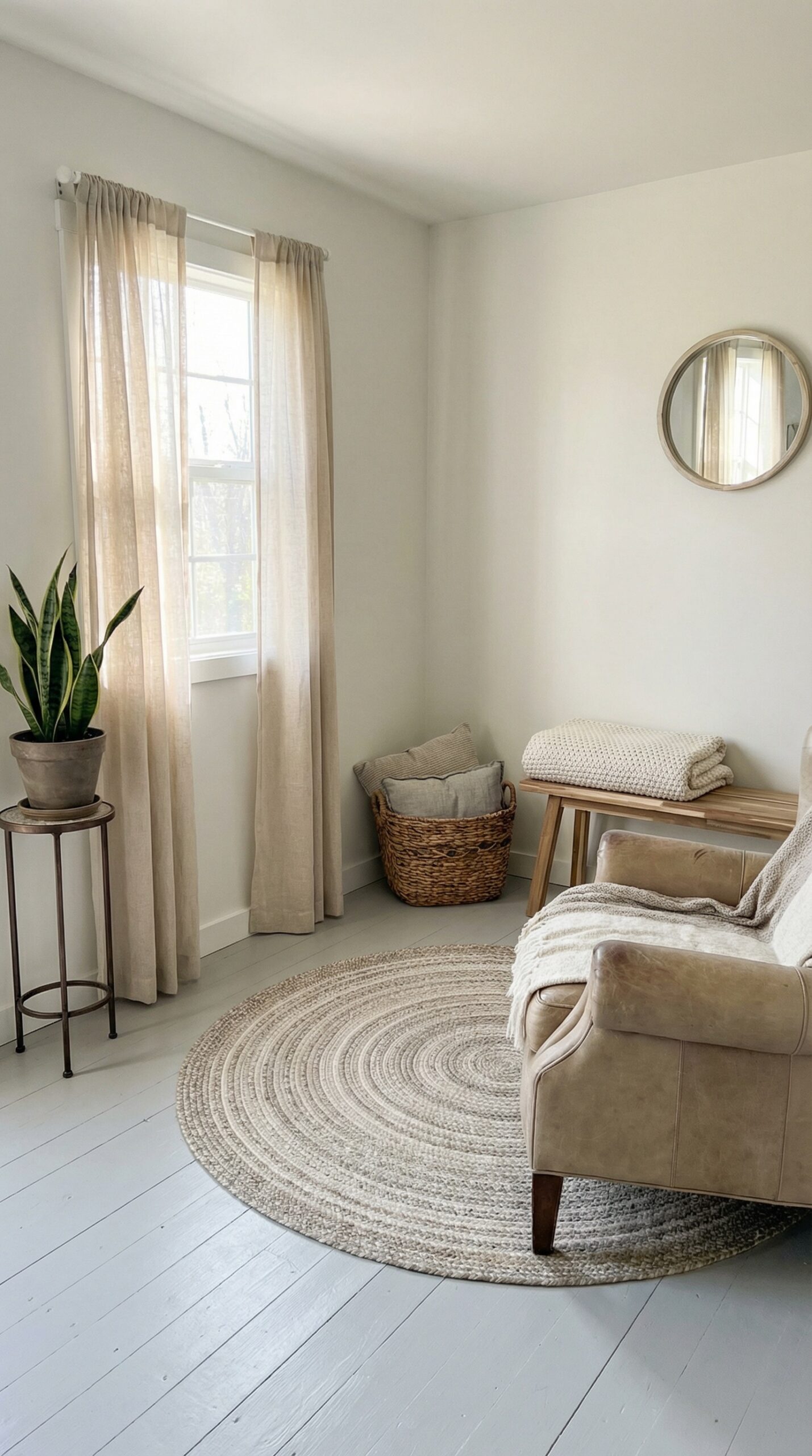 A she shed interior emphasizing soft layers, an indoor-outdoor rug centered under a chair, light linen curtains on a small window