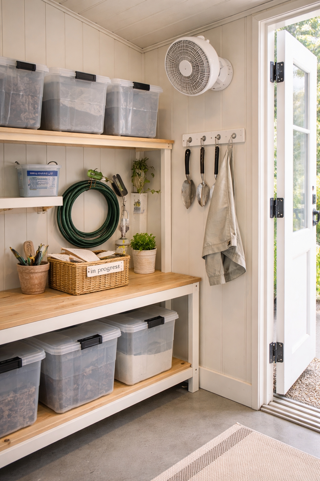 She shed corner showing problem-solving details, raised shelving with sealed bins, a small fan placed high for airflow