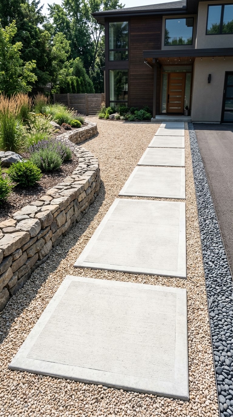 Modern Home Front Yard Landscaping Ideas With Gravel, Stone and Pavers