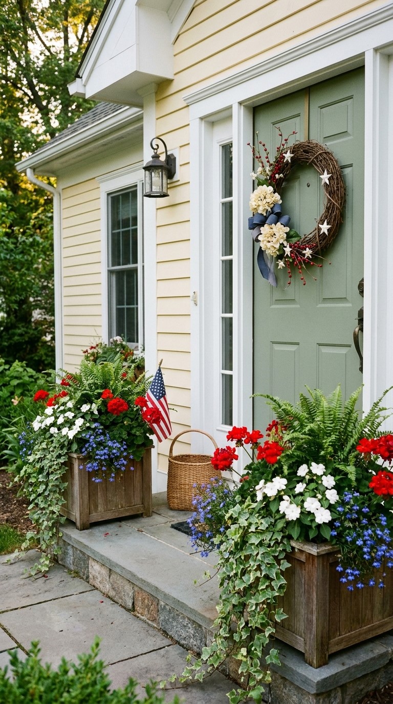Patriotic Front Door Wreath Looks Better With Planters