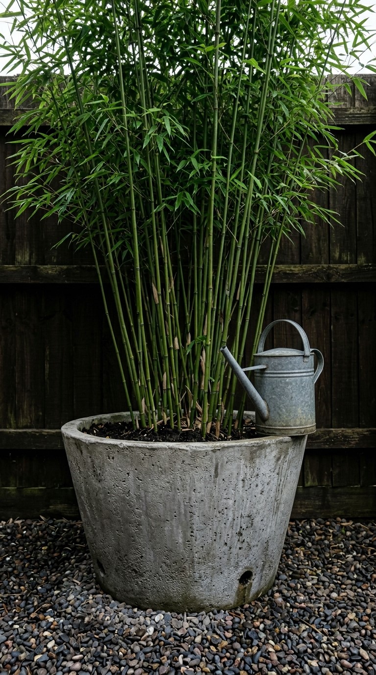 Concrete-textured resin planter with a Fargesia rufa bamboo