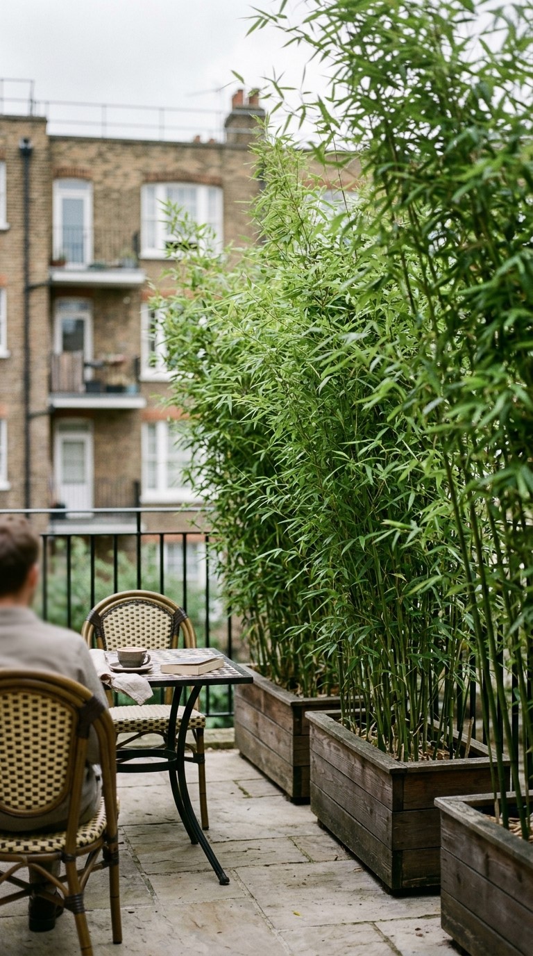 Fargesia bamboo in long rectangular wooden planters