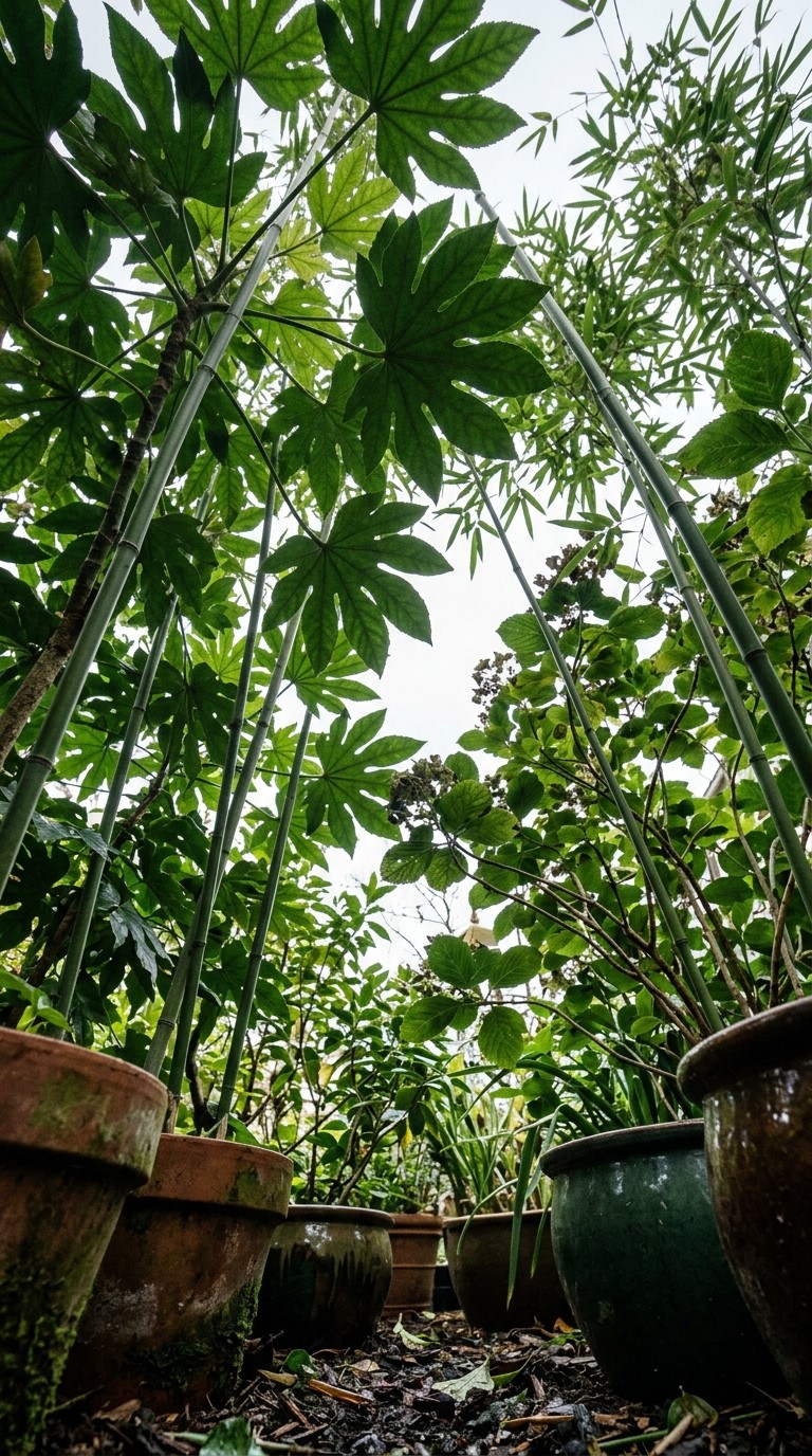 Fatsia leaves, bamboo culms and hydrangea branches