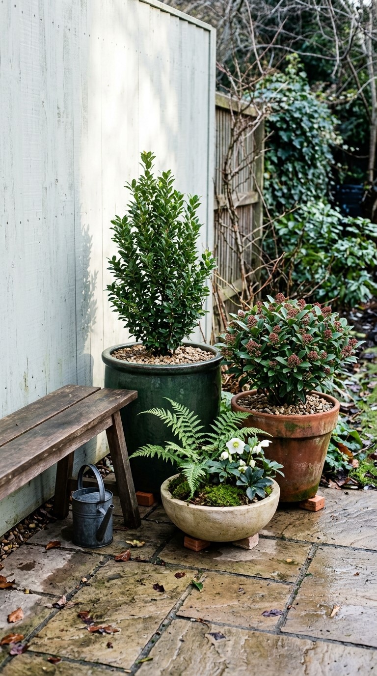 Evergreen Container Plants Around One Focal Point