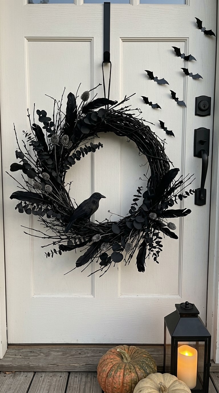 Black Halloween Wreath Ideas With Branches, Bats and Ravens
