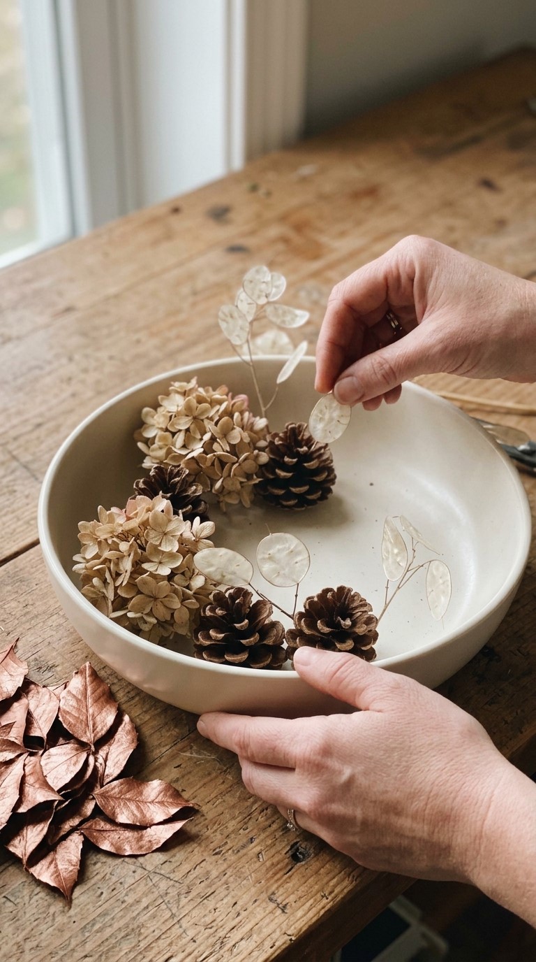 Dried Flowers, Pinecones and Seedpods in a Low Table Arrangement