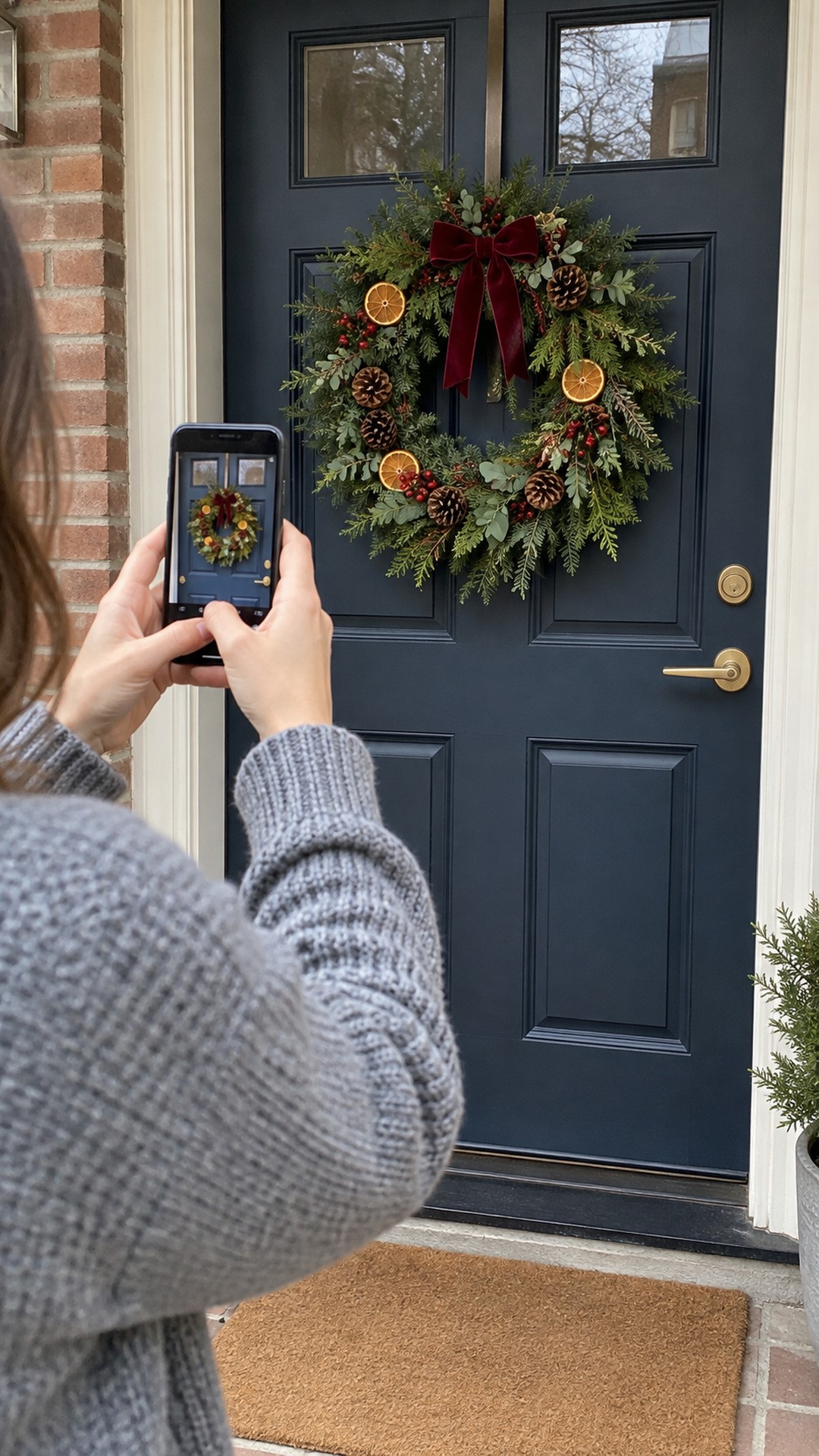 Photograph the actual sample and show the door hardware clear of the foliage making Christmas wreaths