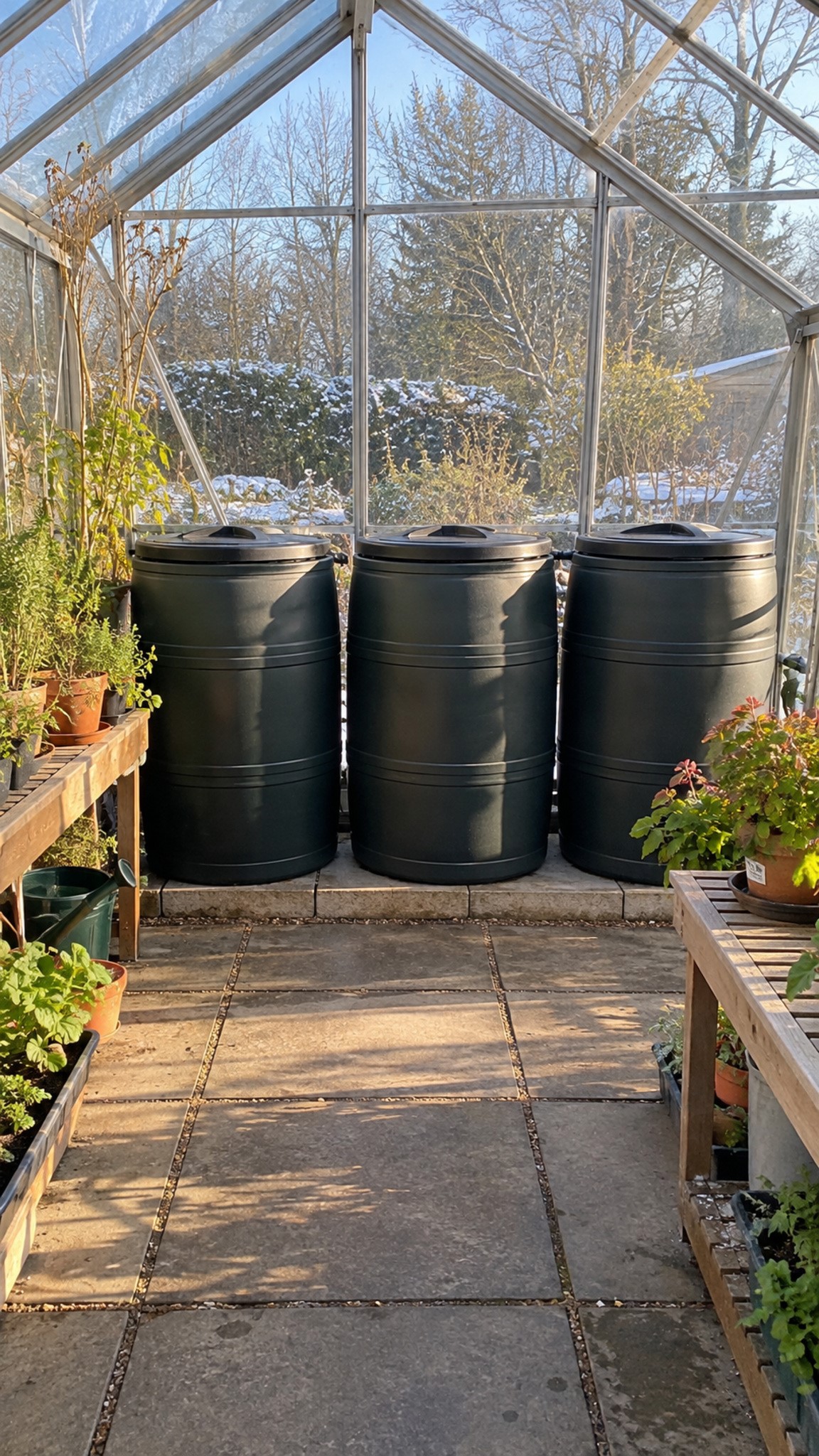 Water barrels store daytime warmth