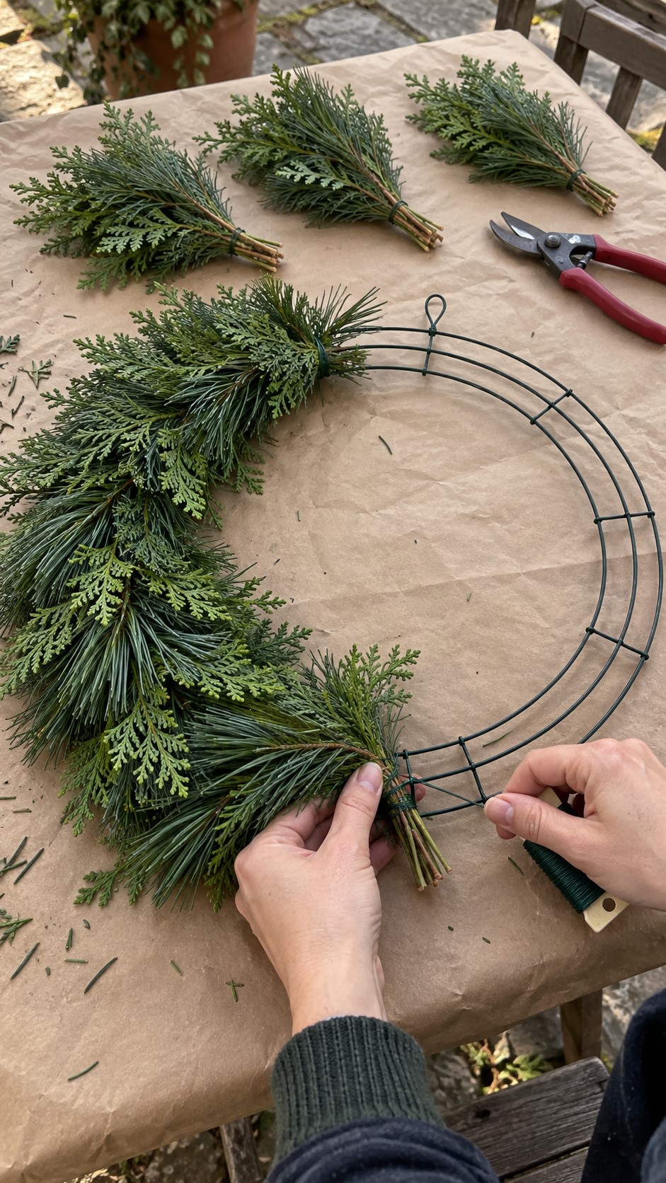 Attach Evergreen Bundles to the Wreath Frame
