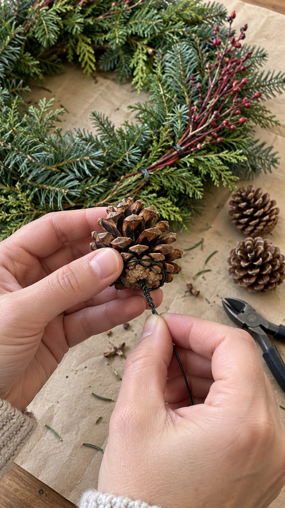 Secure Pinecones and Twigs to the Wreath