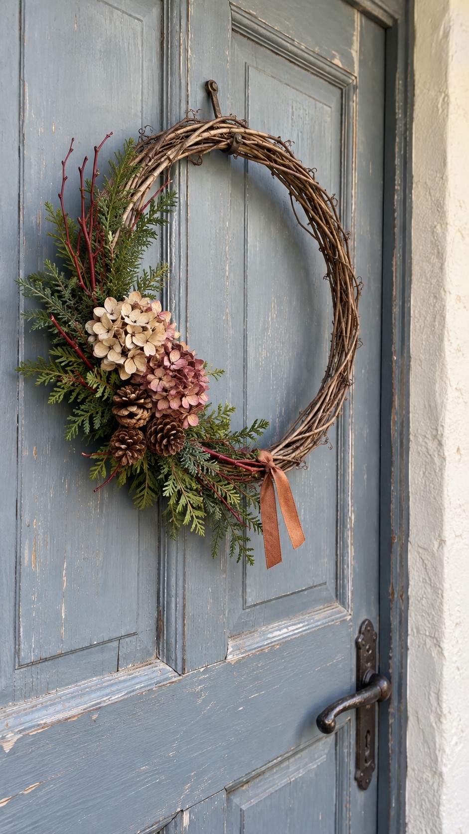 A Twig Wreath with a Crescent of Garden Cuttings