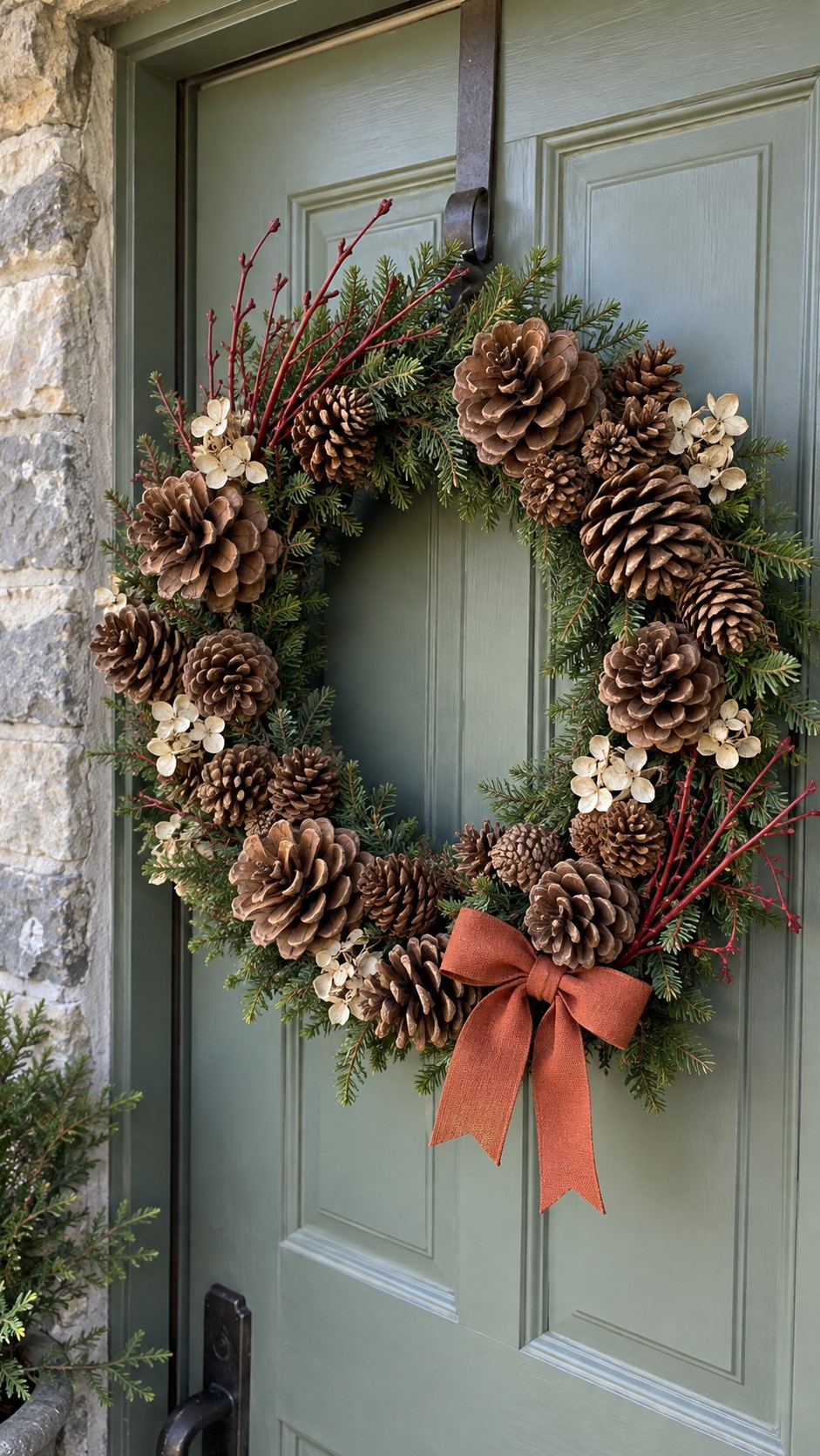 A Pinecone Wreath with Red Twigs and a Small Rust Bow