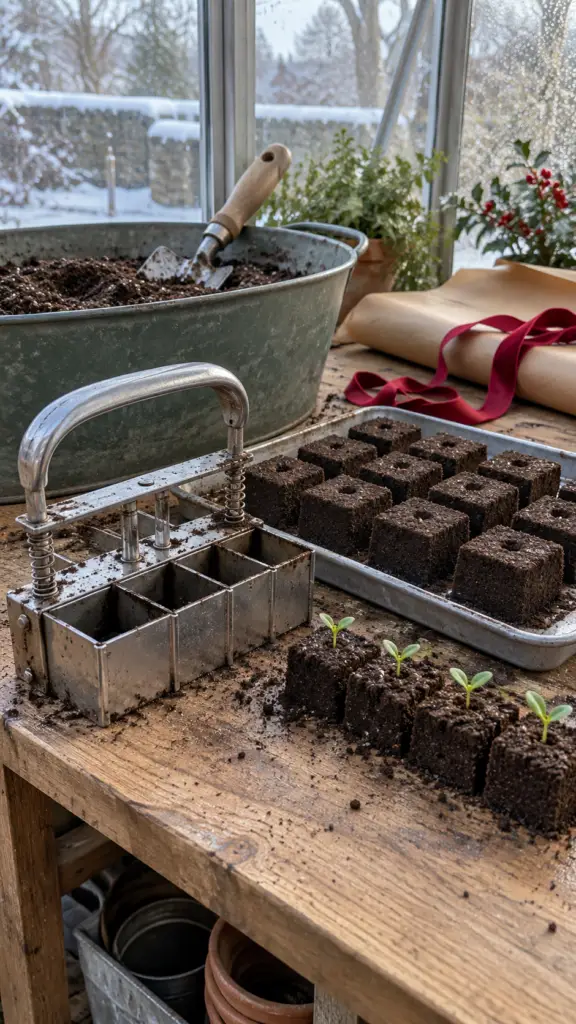 A soil blocker presses damp growing mix into cubes for sowing seeds.