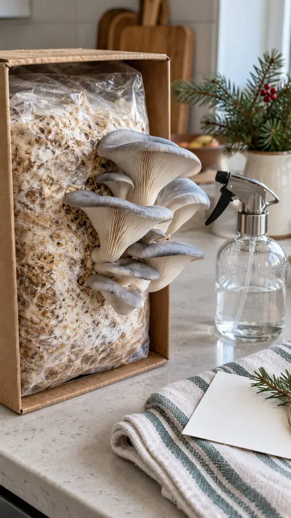 A ready-to-fruit oyster mushroom kit gives a gardener a small indoor project.