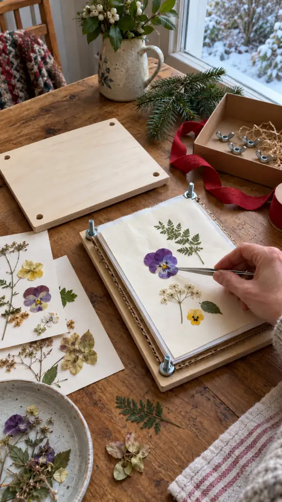 A wooden flower press with absorbent paper can preserve small flowers and leaves.